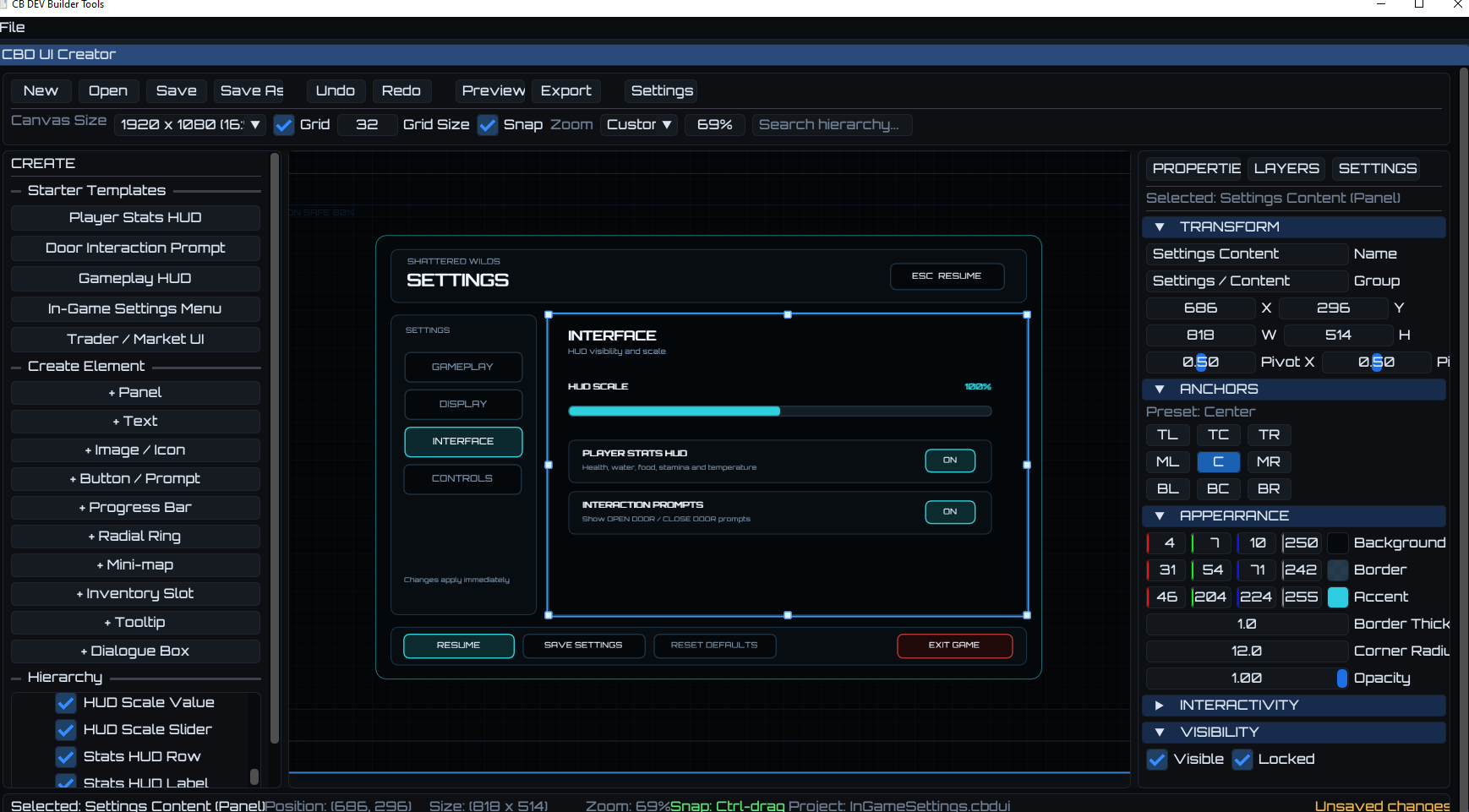 CB Dev UI Creator showing an in-game settings interface being designed